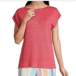 EILEEN FISHER NEON CORAL 100% ORGANIC LINEN OPEN KNIT SHORT TEE TOP - XS